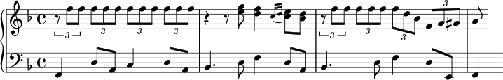  { \new PianoStaff << \new Staff << \relative c'' { \clef treble \key f \major \time 4/4 \tuplet 3/2 { r8 ff } \tuplet 3/2 { fff } \tuplet 3/2 { fff } \tuplet 3/2 { fff } r4 r8 <e g> <d f>4 \acciaccatura { c16 d } <c e>8 <bes d> \tuplet 3/2 { r8 f' f } \tuplet 3/2 { fff } \tuplet 3/2 { fd bes } \tuplet 3/2 { fg gis } a } >> \new Staff << \relative c, { \clef bass \key f \major \time 4/4 f4 d'8 a c4 d8 a bes4. d8 f4 d8 أ bes4. d8 f4 d8 e, f4 } >> >> } 