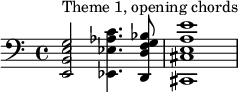 \relative c' {\clef "bass" <e,, b' e g>2^"الموضوع 1، وتريات الافتتاحية" <ees ees' aes c>4. <d d' fg bes>8 <cis cis' ea e'>1}