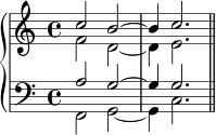  \new PianoStaff << \new Staff << \new Voice \relative c'' { \stemUp \clef treble \key c \major \time 4/4 c2 b^~ b4 c2. } \new Voice \relative c' { \stemDown f2 d_~ d4 e2. } >> \new Staff << \new Voice \relative c' { \stemUp \clef bass \key c \major \time 4/4 a2 g^~ g4 g2. } \new Voice \relative c, { \stemDown f2 g_~ g4 c2. \bar "||" } >> >> 