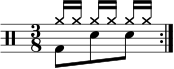  \new Staff << \new voice \relative c' { \clef percussion \numericTimeSignature \time 3/8 \set Score.tempoHideNote = ##t \tempo 4. = 80 \stemDown \repeat volta 2 { g8 d' d } } \new voice \relative c'' { \override NoteHead.style = #'cross \stemUp \repeat volta 2 { a16[ a] a[ a] a[ a] } } >>