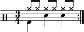  \new Staff << \new voice \relative c' { \clef percussion \numericTimeSignature \time 3/4 \set Score.tempoHideNote = ##t \tempo 4 = 100 \stemDown \repeat volta 2 { g4 d' d } } \new voice \relative c'' { \override NoteHead.style = #'cross \stemUp \repeat volta 2 { a8[ a] a[ a] a[ a] } } >> 