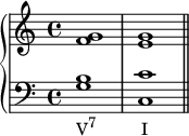 
   \new PianoStaff << \new Staff << \relative c' { \voiceOne \clef treble \key c \major \time 4/4 <f g>1 <e g> } >> \new Staff << \new Voice \relative c' { \clef bass \key c \major \time 4/4 <g b>_\markup { \concat { "V" \raise #1 \small "7" \hspace #6 "I" } } <c, c'> \bar "||" } >> >>
