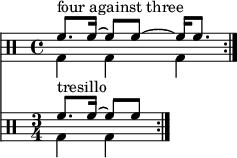 
\layout { \context { \Score \remove "Timing_translator" \remove "Default_bar_line_engraver" } \context { \Staff \consists "Timing_translator" \consists "Default_bar_line_engraver" } } { \relative c' << \new Staff << \new voice { \clef percussion \time 4/4 \set Score.tempoHideNote = ##t \tempo 4 = 100 \stemDown \repeat volta 2 { g4 gg } } \new voice { \set Score.tempoHideNote = ##t \tempo 4 = 100 \time 4/4 \stemUp \repeat volta 2 { f'8.^\markup { "أربعة ضد ثلاثة" } f16^~ f8 f^~ f16 f8. } \bar ":|." } >> \new Staff << \new voice { \clef percussion \time 3/4 \set Score.tempoHideNote = ##t \tempo 8 = 100 \stemDown \repeat volta 2 { g,4 g } } \new voice \relative c' { \time 3/4 \set Score.tempoHideNote = ##t \tempo 4 = 100 \stemUp \repeat volta 2 { f8.^\markup { "tresillo" } f16^~ f8[ f] } \bar ":|." } >> >> }
