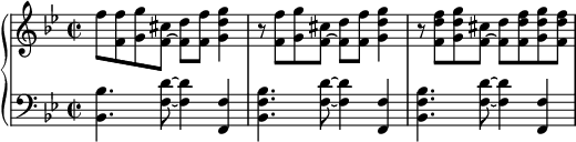 
    { \new PianoStaff << \new Staff << \relative c'' { \clef treble \key bes \major \time 2/2 f8 <f, f'> <g g'> <f~ cis'> <f d'> <f f'> <g d' g>4 r8 <f f'> <g g'> <f~ cis'> <f d'> <f f'> <g d' g>4 r8 <f d' f> <g d' g> <f~ cis'> <f d'> <f d' f> <g d' g> <f d' f> } >> \new Staff << \relative c { \clef bass \key bes \major \time 2/2 <bes bes'>4. <f' d'>8~ <f d'>4 <f, f'>4 <bes f' bes>4. <f' d'>8~ <f d'>4 <f, f'>4 <bes f' bes>4. <f' d'>8~ <f d'>4 <f, f'>4 <bes f' bes>4. <f' d'>8~ <f d'>4 <f, f'>4 } >> >> }
