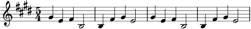\relative c'' {\set Staff.midiInstrument = #"أجراس أنبوبية" \time 5/4 \key e \major gis4 e fis b,2 | b4 fis gis e2 | gis4 e fis b,2 | b4 fis' gis e2 |}