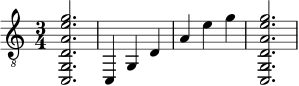 { \clef "treble_8" \time 3/4 <c, g, da e' g'>2. <c, >4 <g, >4 <d >4 <a >4 <e' >4 <g' >4 <c, g, da e' g'>2. } 