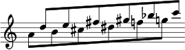  \new Staff \with { \remove "Time_signature_engraver" } << \time 13/8 \set Score.tempoHideNote = ##t \tempo 4 = 50 \new Voice \relative c'' {\voiceOne s8 d8[ ses fis s gis s bes sc] } \new Voice \relative c'' {\voiceTwo a8[ sbs cis s dis sfsg] } >> 