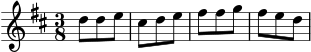  X:2 K:D M:3/8 L:1/4 d/d/e/|c/d/e/|f/f/g/|f/e/d/| 
