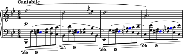  { \new PianoStaff << \new Staff << \new Voice \relative c'' { \tempo "Cantabile" \clef treble \key bes \major \time 3/4 \override DynamicLineSpanner.staff-padding = #2.5 f2.\p( d2 \acciaccatura { f8 } es4 d2. g,2.) } >> \new Staff << \new Voice \relative c { \clef bass \key bes \major \time 3/4 \override NoteHead.color = #red \hide Stem s4 e8 s4. s4 e8 s4. s4 fis8 b s4 s4 fis8 b s4 } \new Voice \relative c, { \clef bass \key bes \major \time 3/4 bes8\<\sustainOn_[ f''^( <e g>\sustainOff <es a> <d bes'> <c c'>]\! bes8\<\sustainOn_[) <f' d'>^( <e g>\sustainOff <es a> <d bes'> bes]\! c8\<\sustainOn_[) <g' es'>^( <fis a>\sustainOff <f b> <es c'> <d d'>])\! } >> >> } 