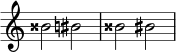 { \omit Score.TimeSignature \relative c'' { bisis2 bis \accidentalStyle Modern bisis2 bis } }