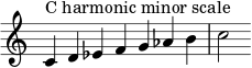 { \override Score.TimeSignature #'stencil = ##f \relative c' { \clef treble \time 7/4 c4^\markup { سلم دو الصغير التوافقي } d es fg aes b c2 } } 