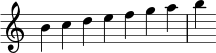 { \override Score.TimeSignature #'stencil = ##f \relative c'' { \clef treble \time 7/4 b4c defgab } }