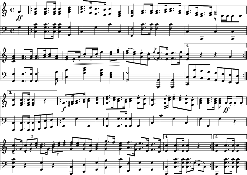  \header { tagline = ##f } \paper { paper-width = 230\mm } \layout { indent = 0 \context { \Score \remove "Bar_number_engraver" } } global = { \key c \major \time 4/4 \partial 4 } top = \relative c'' { \global \set midiInstrument = "brass section" g4\ff | \repeat volta 2 { <cg e> <cg e>8. <cg e>16 <cg e>4 <db g> | <ec g>8. [<df,>16 <ce,>8. <bd,>16] <ce,>4 <ge c>| <af c> <a f>8. <a f>16 <a f>8. [<b g>16 <c a>8. <a f>16] | <g e>8. [<f d>16 <e c>8. <f d>16] << { <g e>2 } \\ { r8 c,16 [c c8 c] } >> | <a' f c>4 <a f>8. <a f>16 <a f>8. [<b g>16 <c a>8 <a f>] | <g e>\< e16-. g-. c8-. g16-. c-. e4 <e c>8-. <g e>-.\! | <f d> (<e c>) <dg,>-. <ce,>-. \acciaccatura e8 <df,>8. <ce,>16 <df,>8. <eg,>16 | } \alternative { { <ce,>4 rrg } { <ce,>4 <cg e>8. <cg e>16 <cg e>4 r } } \repeat volta 2 { g8.\f [<a fis>16 <b g>8. <c a>16] <d b>4 <ec g> | <fdg,>8. [<e c>16 <d b>8. <c a>16] <d b>4 <eg,>8-. <df,>-. | <ce,>4. <dg,>16 (<e c>) <f d>8-. <e c>-. <dg,>-. <ce,>-. | <db g>4 <db g>8. <db g>16 <db g>8 g,16-.\ff [g-.] g8-. g-. | <ce,>8.-> g16 \tuplet 3/2 { <ce,>8-. <dg,>-. <e c>-. } <d b>8. g,16 \tuplet 3/2 { <d' b>8-. <e c>-. <f d>-. } | << { <f d>8 <e c> <dg,> <ce,> <db g>4 g8. f16 } \\ { g,4 s2 <d' g,>4 } >> | <ec g>4 <fa,>8. <df,>16 <eg,>8. <ce,>16 <df,>8. <bd,>16 | } \alternative { { <ce,>4 <ce,>8. <ce,>16 <ce,>4 r } { <ce,>4 <ce,>8. <ce,>16 <ce,>4 } } \bar "|." } bot = \relative c' { \global \set midiInstrument = "trombone" g4 | \repeat volta 2 { <cgc,> <cgc,>8. <cgc,>16 <cgc,>4 <gg,> | c, g' cc, | <ff,> <c' f,>8. <cf,>16 <cf,>4 <cf,> | c, c, c' <cc,> | <ff,> <ff,>8. <ff,>16 <ff,>4. <aa,>8 | <cc,>4 <ec g> <cg e> <ge c> | <gg,>2 <g, g,>4 <gg,> | } \alternative { { <cc,>8 <c' c,> <bb,> <aa,> <gg,> <ff,> <ee,> <dd,> } { <cc,>4 <cc,>8. <cc,>16 <cc,>8 <dd,> <ee,> <ff,> } } \repeat volta 2 { <gg,>4 gg, g' | <gg,> <gg,>8. <gg,>16 <gg,>4 g, | c c' gc, | g' g,g' r | <cgc,> r <gg,> r | <c, c,> <ee,> <gg,> <bb,> | <cc,> <f, f,> <gg,> <gg,> | } \alternative { { <c, c,> <c' gc,>8. <cgc,>16 <cgc,>8. g16 (e8 c) } { <cc,>4 <c' gc,>8. <cgc,>16 <cgc,>4 } } } \score { << \new Staff \top \new Staff { \clef bass \bot } >> \layout { } } \score { \unfoldRepeats { << \top \\ \bot >> } \midi { \tempo 4=120 \context { \Score midiChannelMapping = #'instrument } \context { \Staff \remove "Staff_performer" } \context { \Voice \consists "Staff_performer" } } } 