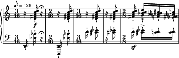 { \new PianoStaff << \new Staff \relative c'' { \set Staff.midiInstrument = #"violin" \clef treble \tempo 8 = 126 \time 3/16 r16 <dca fis d>\f-! r16\fermata | \time 2/16 r <dca fis d>-! \time 3/16 r <dca fis d>8-! | r16 <dca fis d>8-! | \time 2/8 <dca fis>16-! <ec bes g>->-![ <cis b aes f>-! <ca fis ees>-!] } \new Staff \relative c { \set Staff.midiInstrument = #"violin" \clef bass \time 3/16 d,16-! <bes'' ees,>-! r_fermata | \time 2/16 <d,, d,>-! <bes'' ees,>-! | \time 3/16 d16-! <ees cis>8-! | r16 <ees cis>8-! | \time 2/8 d16\sf-! <ees cis>-!->[ <d c>-! <d c>-!] } >> }