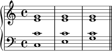 { \new PianoStaff << \new Staff << \new Voice \relative c'' { \stemUp \clef treble \key c \major \time 4/4 g1 gg } \new Voice \relative c' { \stemDown e1 ee } >> \new Staff << \new Voice \relative c' { \stemUp \clef bass \key c \major \time 4/4 c1 cc } \new Voice \relative c { \stemDown c1 eg \bar "||" } >> >> }