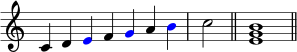  { \override Score.TimeSignature #'stencil = ##f \relative c' { \clef treble \time 7/4 c4 d \once \override NoteHead.color = #red ef \once \override NoteHead.color = #red ga \once \override NoteHead.color = #red b \time 2/4 c2 \bar "||" \time 4/4 <e, g b>1 \bar "||" } } 