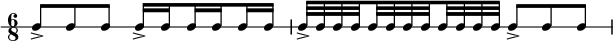 
 \new RhythmicStaff { \clef percussion \time 6/8 \set Score.tempoHideNote = ##t \tempo 4 = 80 c8-> cc c16-> \set stemRightBeamCount = #1 c \set stemLeftBeamCount = #1 c \set stemRightBeamCount = #1 c \set stemLeftBeamCount = #1 cc c32-> cc \set stemRightBeamCount = #1 c \set stemLeftBeamCount = #1 c ccc \set stemRightBeamCount = #1 c \set stemLeftBeamCount = #1 cccc c8-> cc }
