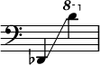 
{ \override Score.SpacingSpanner.strict-note-spacing = ##t \set Score.proportionalNotationDuration = #(ly:make-moment 1/8) \override Score.TimeSignature #'stencil = ##f \relative c { \time 2/4 \clef bass \ottava #0 des,4 \glissando \ottava #1 d''' } }
