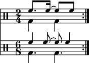 
{ \relative c' << \new Staff << \new voice { \clef percussion \time 2/4 \set Score.tempoHideNote = ##t \tempo 4 = 100 \stemDown \repeat volta 2 { g4 g } } \new voice { \set Score.tempoHideNote = ##t \tempo 4 = 100 \time 2/4 \stemUp \repeat volta 2 { f'8.[ f16]^~ f8[ f8] } \bar ":|." } >> \new Staff << \new voice { \clef percussion \time 2/4 \set Staff.timeSignatureFraction = 6/8 \scaleDurations 2/3 { \set Score.tempoHideNote = ##t \tempo 8 = 100 \stemDown \repeat volta 2 { g,4. g } } } \new voice \relative c' { \time 2/4 \set Staff.timeSignatureFraction = 6/8 \scaleDurations 2/3 { \set Score.tempoHideNote = ##t \tempo 4 = 100 \stemUp \repeat volta 2 { f4 f8^~ f f4 } \bar ":|." } } >> >> }
