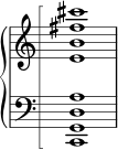 \new PianoStaff << \set PianoStaff.connectArpeggios = ##t \override PianoStaff.Arpeggio.stencil = #ly:arpeggio::brew-chord-bracket \new Staff \relative { \omit Staff.TimeSignature <e' b' fis' cis'>1\arpeggio } \new Staff \relative { \clef bass \omit Staff.TimeSignature <c, g' d' a'>1\arpeggio } >>