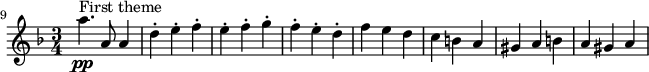 
    \relative c''' { \set Staff.midiInstrument = #"violin" \set Score.tempoHideNote = ##t \tempo 2. = 116 \key d \minor \time 3/4 \set Score.currentBarNumber = #9 \bar "" a4.\pp^\markup "الموضوع الأول" a,8 a4 d4-. ه-. و-. ه-. و-. ز-. و-. ه-. د-. تغذية cba gis ab a gis a }
