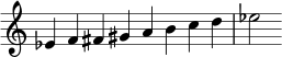  { \override Score.TimeSignature #'stencil = ##f \relative c' { \clef treble \key c \major \time 8/4 es4 f fis gis a b c d es2 } } 