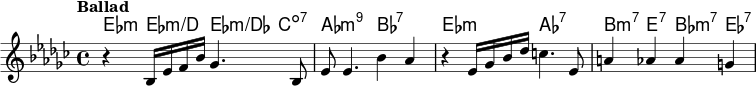  \relative c' { << \new ChordNames { \set chordChanges = ##t \chordmode { es:m es:m/d es:m/des c:dim7 | aes2:min9 بس:7 | es:م كـ:7 | b4:m7 e:7 bes:m7 es:7 } } \new Staff { \tempo "Ballad" \key es \minor \set Score.tempoHideNote = ##t \tempo 4 = 60 r4 bes16 es f bes ges4. بس،8 | وفاق ES4. بيس'4 AES | r es16 ges bes des c4. وفاق، 8 | a4 aes aes g | } >> } 