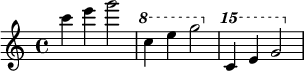 { \relative c''' { \clef treble \time 4/4 \key c \major c4 e g2 \ottava #1 c,4 e g2 \ottava #2 c,4 e g2 } }
