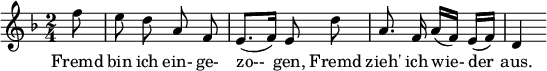 { \new Staff << \relative c'' { \set Staff.midiInstrument = #"clarinet" \tempo 4 = 60 \set Score.tempoHideNote = ##t \key f \major \time 2/4 \autoBeamOff \set Score.currentBarNumber = #7 \set Score.barNumberVisibility = #all-bar-numbers-visible \bar "" \partial 8 f8 | ايداف | e8.[( f16)] e8 د' | a8. f16 أ[( و)] ه[( و)] | d4 } \addlyrics { Fremd bin ich ein- ge- | zo-- gen، Fremd | zieh' ich wie- der | أستراليا. } >> }