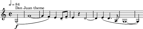 \relative c' { \tempo 2=84 \clef treble \time 2/2 \partial 2*1 g2(\f^"موضوع دون جوان" | g'1~ | g4 f) e d8-- f-- | e4 r d2~ | d4 e( d4. a8 | g1~ | g4) }