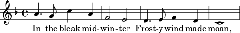 \transpose c bes, \relative { \key g \major \time 4/4 b'4. a8 d4 b g2 fis2 e4. fis8 g4 e d1 } \addlyrics { في منتصف الشتاء القارس، جعل الصقيع والريح يئنان، }