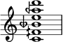 { \override Score.TimeSignature #'stencil = ##f \relative c' { \clef treble \time 4/4 <c fih beseh e aeh d>1 } } 