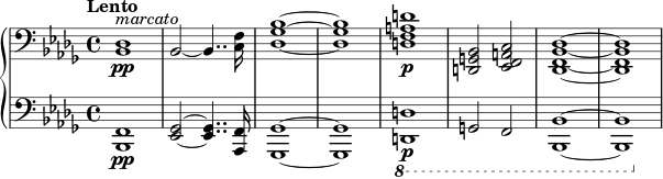 \new PianoStaff << \new Staff \relative c { \clef bass \key bes \minor \time 4/4 \tempo "Lento" \set Staff.midiInstrument = #"trombone" <des bes>1-\pp^\markup { \italic "marcato" } \once \override Staff.TimeSignature #'stencil = ##f \time 33/32 % فقط لجعل صوت النوتة السادسة عشرة أكثر اتساقًا bes2~bes4.. <f' c>16*3/2 \once \override Staff.TimeSignature #'stencil = ##f \time 4/4 <bes ges des>1~q <daf d>1-\p <bes, g d>2 <caf ees> <des bes f des>1~q } \new Staff \relative c, { \clef bass \key bes \minor \time 4/4 \set Staff.midiInstrument = #"trombone" <f bes,>1-\pp \once \override Staff.TimeSignature #'stencil = ##f \time 33/32 % فقط لجعل صوت النوتة السادسة عشرة أكثر اتساقًا <ges ees>2~q4.. <f aes,>16*3/2 \once \override Staff.TimeSignature #'stencil = ##f \time 4/4 <ges ges,>1~q \ottava #-1 <dd,>1-\pg,2 f <bes bes,>1~q } >>