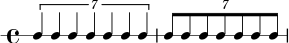 \new RhythmicStaff { \clef percussion \time 4/4 \set Score.tempoHideNote = ##t \tempo 4 = 100 \tuplet 7/4 { c4 cccccc } \tuplet 7/8 { c8 cccccc } } 