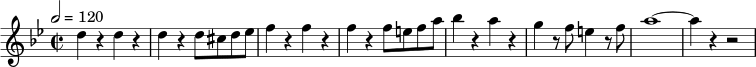  \relative c'' { \set Staff.midiInstrument = #"flute" \tempo 2 = 120 \key bes \major \time 2/2 d4 r4 d4 r4 | d4 r4 d8 رابطة الدول المستقلة د es | f4 r4 f4 r4 | f4 r4 f8 ايفا | بيس4 r4 a4 r4 | ز r8 f8 e4 r8 f8 | a1 ~ a4 r4 r2 } 