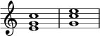  { \override Score.TimeSignature #'stencil = ##f \relative c' { \clef treble \time 4/4 \key c \major <eg c>1 <gc e> } } 