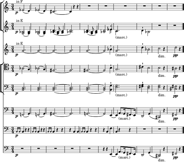{<< \new ChoirStaff << \relative c' { \magnifyStaff #3/4 \set Score.tempoHideNote = ##t \tempo 4 = 60 \time 3/4 \set Staff.midiInstrument = #"trumpet" \transposition f'^"in F" \p \grace {s16 s} ees2( d4) | ees2(د4) | رابطة الدول المستقلة2. ~ رابطة الدول المستقلة4 ص | R2. | ص | ص | ص | ص | R } \new Staff \with{ \magnifyStaff #3/4 } << \new Voice \relative c' { \override Hairpin.minimum-length = #3 \set Staff.midiInstrument = #"trumpet" \transposition e'^"in E" \p \grace {s16 s} \hide \pp <g bes>2( <bes g>4) | <g bes>2( <bes g>4) | <bes d>4.( <g bes>8 <a c>4 | <bes d>2.) |<bes d>4.( <g bes>8 <a c>4 ) | <bes d>2 ees4-! | c2._"(marc.)" | s2. | R | R } \new Voice \relative c' { \stemDown \hide \p \grace {s16 s} s2. | s | s | s | s | s2 ees4-! | c2. | d4-! bes2 | R2. | R2. \bar "|." } >> >> \relative c' { \magnifyStaff #3/4 \set Staff.midiInstrument = #"trombone" \transposition e^"in E" \p \grace {s16 s} \hide \pp g'2. ~ g ~ g ~ g | g ~ g2 bes4-! | g2._"(marc.)" | d'4-! bes2 | c2_"dim." r4 | \pp d2 r4 } \new ChoirStaff << \relative c' { \magnifyStaff #3/4 \clef tenor \set Staff.midiInstrument = #"trombone" \p \grace {s16 s} aes2( g4) | aes2( g4) | fis2. ~ fis | fis ~ fis2 b4-! | g2._"(marc.)" | cis4-! b2 | ب2_"خافت." ص4 | \pp ais2 r4 } \relative c' { \magnifyStaff #3/4 \clef F \set Staff.midiInstrument = #"trombone" \p \grace {s16 s} \hide \pp <b, d>2. | <ب د> | <ب د> ~ <ب د> | <b d> ~ <b d>2 <b g'>4-! | <e g>2._"(مارك.)" | <فيس أ>4-! <d fis>2 | <e g>_"خافت." ص4 | \pp <cis fis>2 r4 } >> \relative c' { \magnifyStaff #3/4 \clef F \set Staff.midiInstrument = #"trombone" \p \grace {s16 s} \hide \pp f,,!2( g4) | f!2( g4) | gis2. ~ gis | g! ~ g2 e4 ~ e a8._"(marc.)"[ g16 fis8. e16] | d2 g4( | cis,2_"dim.") r4 | \pp fis2 r4 } \relative c' { \magnifyStaff #3/4 \clef F \set Staff.midiInstrument = #"timpani" \p \grace {b,16 b} b4 rr | \grace {b16 b} b4 rr | \grace {b16 b} b4 rr | rbb | \grace {b16 b} b4 rr | rb f' | b, rr | R2. | R | R } \relative c' { \magnifyStaff #3/4 \clef F \set Staff.midiInstrument = #"tuba" \p \grace {s16 s} R2. | R | R | R | R | r4 re,, ~ e a8._"(marc.)"[ g16 fis8. e16] | d2 g4( cis,2_"dim." ) r4 | \pp fis2 r4 } >> } \layout { line-width = #150 } 