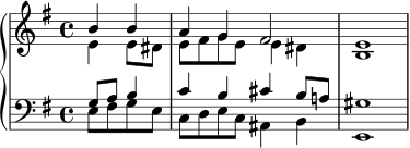  \new PianoStaff << \new Staff << \new Voice \relative c'' { \stemUp \clef treble \key e \minor \time 4/4 \partial2 b4 bag fis2 e1 } \new Voice \relative c' { \stemDown \partial2 e4 e8 dis e fis ge e4 dis b1 } >> \new Staff << \new Voice \relative c' { \stemUp \clef bass \key e \minor \time 4/4 \partial2 g8 a b4 cb cis b8 a! gis1 } \new Voice \relative c { \stemDown \partial2 e8 fis gecdec ais4 be,1 } >> >> 