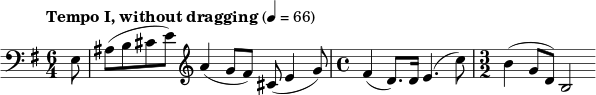  \relative c { \clef bass \key e \minor \time 6/4 \tempo "Tempo I, without dragging" 4 = 66 \partial 8*1 e8 ais( b cis e) \clef treble a4( g8[ fis)] cis( e4 g8) \time 4/4 fis4( d8.) d16 e4.( c'8) \time 3/2 b4( g8 d) b2 } 