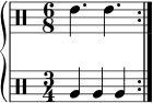 \new PianoStaff << \new DrumStaff << \drummode { \set Staff.timeSignatureFraction = 6/8 \set Score.tempoHideNote = ##t \tempo 4 = 120 \repeat volta 2 { tommh4. tommh } } >> \new DrumStaff << \drummode { \set Staff.timeSignatureFraction = 3/4 \repeat volta 2 { tomfh4 tomfh tomfh } } >> >>