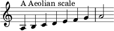 {\override Score.TimeSignature #'stencil = ##f \relative c' { \clef treble \time 7/4 \hide Staff.TimeSignature a4^\markup { سلم موسيقي إيولي } bcdefg a2 } }
