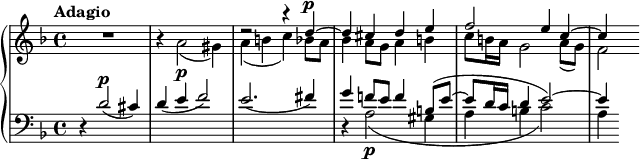 
    { \new PianoStaff << \new Staff << \tempo Adagio \set Staff.midiInstrument = #"clarinet" \new Voice \relative c'' { \set Score.tempoHideNote = ##t \tempo 4 = 46 \stemUp \clef treble \key d \minor \time 4/4 s1 s1 r2 r4 d^\p^~ d cis de f2 e4 c^~ c4 } \new Voice \relative c'' { \stemDown R1 r4 a2\p_( gis4) a_( bc) bes8 a bes4 a8 g a4 b c8 b16 a g2 a8_( g) f2 } >> \new Staff << \set Staff.midiInstrument = #"bassoon" \mergeDifferentlyHeadedOn \mergeDifferentlyDottedOn \new صوت \نسبي c' { \stemUp \clef bass \key d \minor \time 4/4 r4 d2^\markup {\dynamic p}( cis4) d( e f2) e2.( fis4) gf!8 e f4 b,8^( e^~ e8 d16 c d4 e2^~) e4 } \new صوت \نسبي c' { \stemDown s1 s1 s1 r4 a2\p_( gis4 ab c2) a4 } >> >> }
