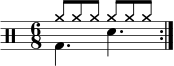 \new Staff << \new voice \relative c' { \clef percussion \numericTimeSignature \time 6/8 \set Score.tempoHideNote = ##t \tempo 4. = 80 \stemDown \repeat volta 2 { g4. d' } } \new voice \relative c'' { \override NoteHead.style = #'cross \stemUp \repeat volta 2 { a8 aaaaa } } >>
