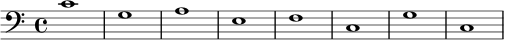  { \new Staff << \new Voice \relative c' { \stemDown \clef bass \key c \major \time 4/4 \tempo 1 = 60 \set Score.tempoHideNote = ##t c1 gaefc g' c, } >> } 