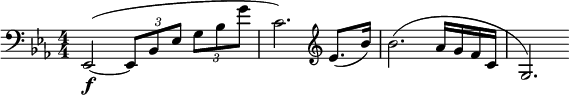 \relative c { \clef bass \numericTimeSignature \time 4/4 \key ees \major ees,2\f(~ \times 2/3 { ees8 bes' ees } \times 2/3 { g bes g' } | c,2.) \clef treble ees8.( bes'16) | bes2.( aes16 gfc | g2.) }