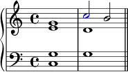 \new PianoStaff << \new Staff << \new Voice \relative c'' { \stemUp \clef treble \key c \major \time 4/4 g1 \once \override NoteHead.color = #red c2 b } \new Voice \relative c' { \stemDown e1 d } >> \new Staff << \new Voice \relative c' { \clef bass \key c \major \time 4/4 \stemUp g1 s } \new Voice \relative c { \clef bass \key c \major \time 4/4 \stemDown c1 g' \bar "||" } >> >>