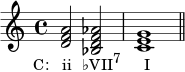  { \relative c' { \clef treble \time 4/4 <df a>2_\markup { \concat { \translate #'(-4 . 0) { "C: ii" \hspace #1.5 "♭VII" \raise #1 \small "7" \hspace #3.3 "I" } } } <bes df aes> <ce g>1 \bar "||" } } 