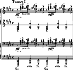 { #(set-global-staff-size 14) \new StaffGroup \with { \omit SystemStartBracket \override StaffGrouper.staffgroup-staff-spacing.basic-distance = #15 } << \new PianoStaff << \new Staff \with { \magnifyStaff #3/4 } << \relative c'' { \time 4/4 \clef treble \key cis \minor \tempo "Tempo I" \tempo 4 = 50 \set Staff.extraNatural = ##f r8\fff _\markup {\left-align \italic md} <cis e gis cis>-> <e gis b e>->_\markup { \italic pesante} <dis fisis ais dis>-> r <d fis bis d>-> r <bis dis fis bis>-> r <cis e gis cis>->_\markup {\dynamic sffff} <e gis b e>-> <dis fisis ais dis>-> r <d fis bis d>-> r <bis dis fis bis>->} >> \new Staff \with { \magnifyStaff #3/4 } << \relative c { \time 4/4 \clef treble \key cis \minor <cis e gis cis>2-> <a' a'>4-> <gis gis'>-> <cis, e gis cis>2-> <a' a'>4-> <gis gis'>->} >> >> \new PianoStaff << \new Staff \with { \magnifyStaff #3/4 } << \relative c { \time 4/4 \clef bass \key cis \minor \set Staff.extraNatural = ##f r8\fff _\markup {\left-align \italic ms} <e gis cis e>-> <gis be gis>->_\markup { \italic pesante} <fisis ais dis fisis>-> r <fis bis d fis>-> r <dis fis bis dis>-> r <e gis cis e>->_\markup {\dynamic sffff} <gis be gis>-> <fisis ais dis fisis>-> r <fis bis d fis>-> r <dis fis bis dis>->} >> \new Staff \with { \magnifyStaff #3/4 } << \relative c,, { \time 4/4 \clef bass \key cis \minor <cis e gis cis>2->\sustainOn <a' a'>4-> \sustainOff \sustainOn <gis gis'>->\sustainOn <cis, e gis cis>2-> \sustainOn <a' a'>4->\sustainOff \sustainOn <gis gis'>->\sustainOn} >> >> >> }