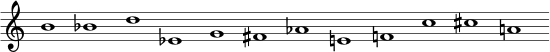  { \override Score.TimeSignature #'stencil = ##f \override Score.SpacingSpanner.strict-note-spacing = ##t \set Score.proportionalNotationDuration = #(ly:make-moment 3/2) \relative c'' { \cadenzaOn b1 bes d es, g fis aes ef c' cis a } } 