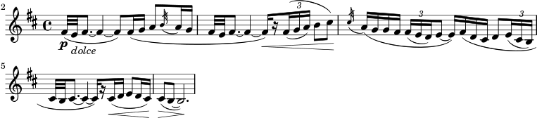  \header { tagline = "" } foo = \relative c' \new Staff { \key b \minor \time 4/4 \clef "treble" \set Staff.midiInstrument = "english horn" \set Score.tempoHideNote = ##t \tempo 4 = 44 \set Score.currentBarNumber = #2 \bar "" \override TupletBracket #'stencil = ##f \override Score.SpacingSpanner #'common-shortest-duration = #(ly:make-moment 1 2) fis32\(\p e_\markup { \italic dolce } fis8. ~ fis4 ~ fis8\) fis16\( g a8 \acciaccatura { b32 } a16 g | fis32 e fis8. ~ fis4 ~ fis16[\)\< \set stemLeftBeamCount = #1 \set stemRightBeamCount = #1 r \set stemLeftBeamCount = #1 \times 2/3 { fis16(\( ga]) } b8 cis\) | \acciaccatura { cis32\! } a16\( gg fis \times 2/3 { fis( ed) } e8 ~ e16\) fis\( d cis d8 \times 2/3 { e16( cis b) } | \break cis32 b cis8. ~ cis4 ~ cis16[\) \set stemLeftBeamCount = #1 \set stemRightBeamCount = #1 r \set stemLeftBeamCount = #1 cis(\< d] e8 d16 cis) | cis8(\> b ~ b2.)\! } \score { \foo \layout { indent = 0\cm ragged-last = ##t } } \score { \foo \midi { } } 